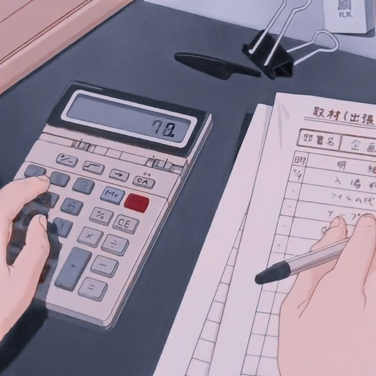 A hand using a phone calculator over a stack of documents